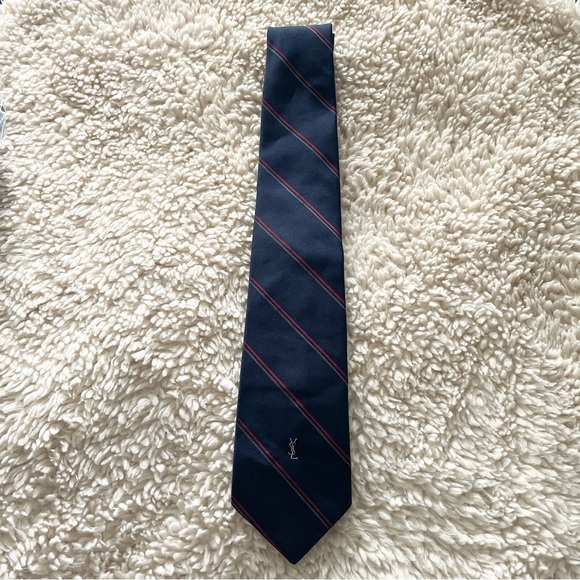 YSL Yves Saint Laurent Tie Navy Blue Red Stripe Designer Luxury Professional - Picture 1 of 3